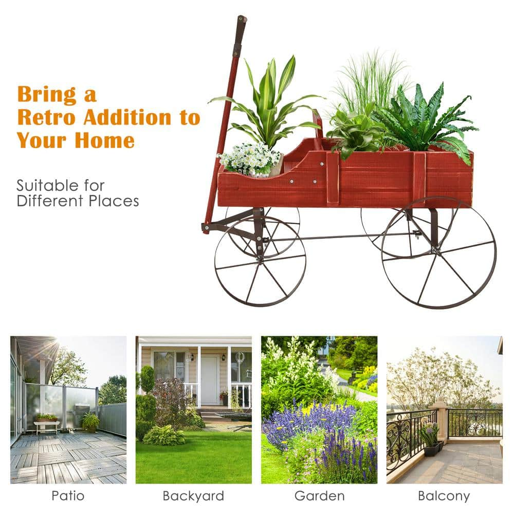 HONEY JOY Wooden Garden Flower Planter Wagon Wheel Plant Bed Decorative Garden Planter for Backyard Garden Red TOPB004891