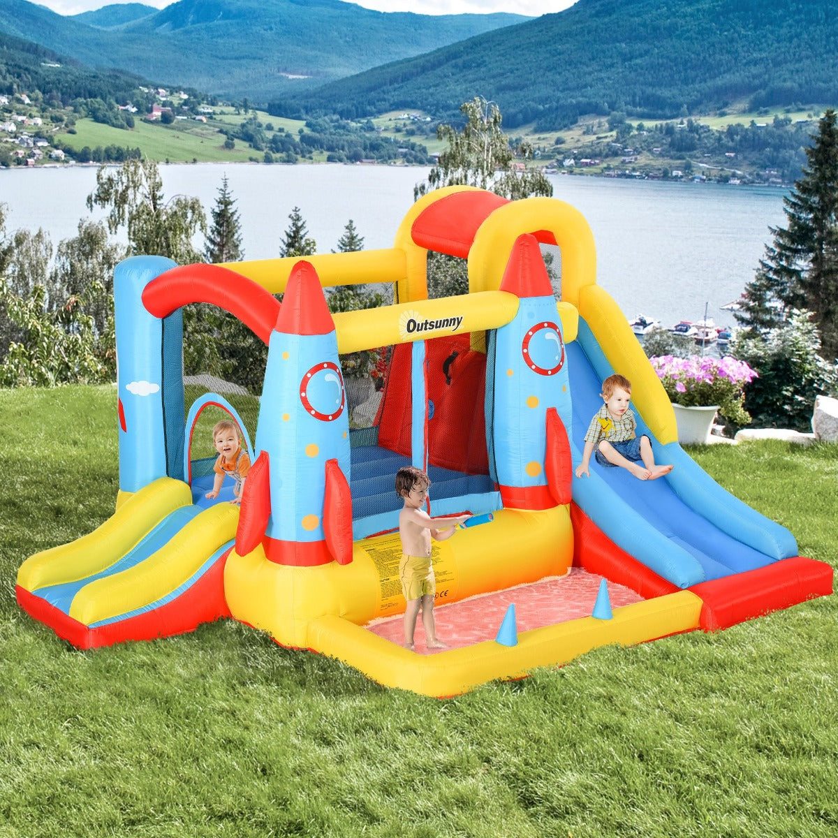 Carevas 4-in-1 Inflatable House Jumping Castle with 2 Slides, Climbing Wall, Trampoline & Water Pool Area