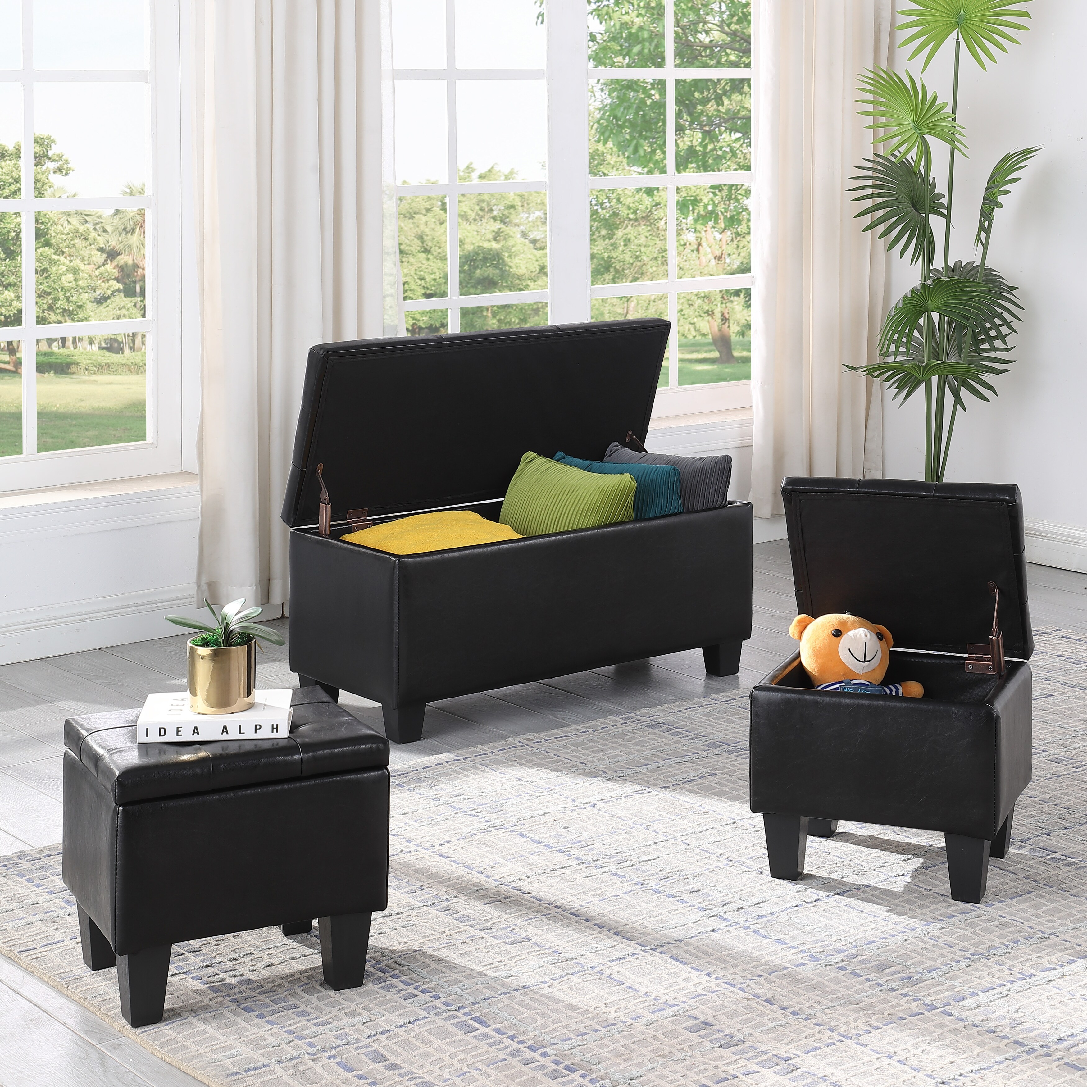 3 Pcs Large Storage Ottoman Bench Set， Combination Ottoman， Tufted Ottoman Linen Bench for Living Room， Hallway， Bedroom - - 37852079