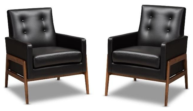 Home Square Faux Leather Lounge Chair in Black and Walnut ( Set of 2 )   Midcentury   Armchairs And Accent Chairs   by Homesquare  Houzz