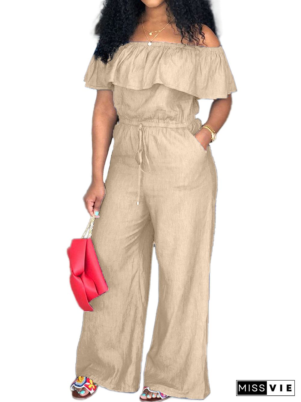 Foldover Ruffle Trim Drawstring Denim Jumpsuit