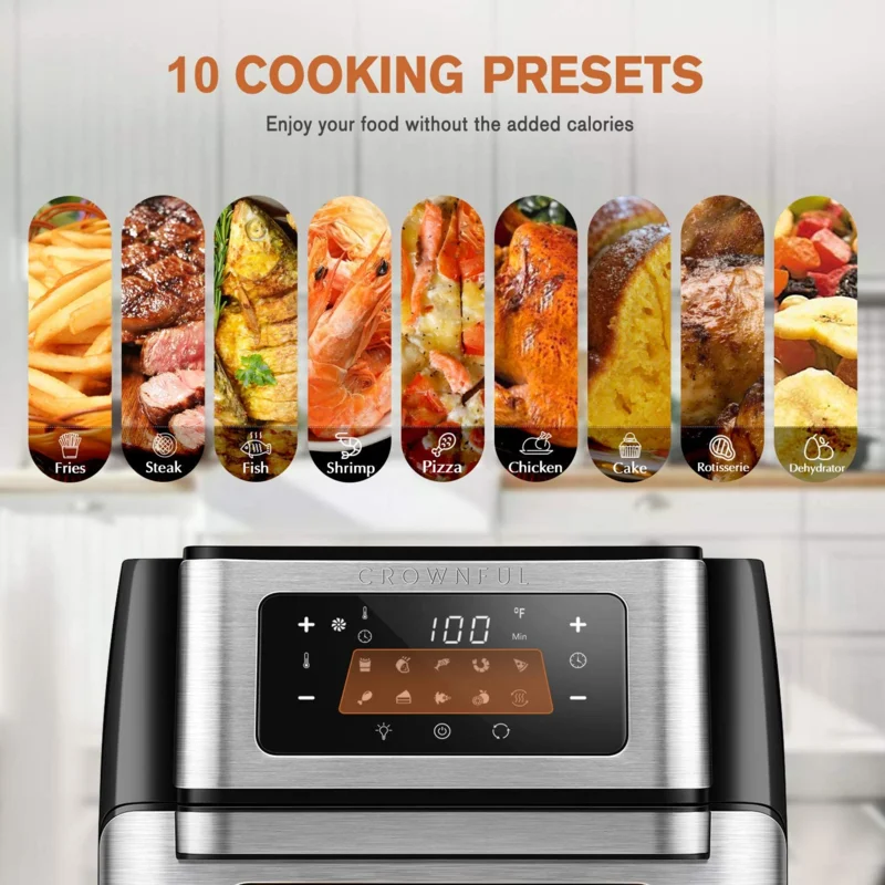 CROWNFUL TXG-KK-DT10L-D Air Fryer， 10.6 Quart Large Convection Toaster Oven with Digital LCD Touch Screen， 10 in 1 Oilless Cooker with Rotisserie and Dehydrator， Accessories and Online Cookbook Included