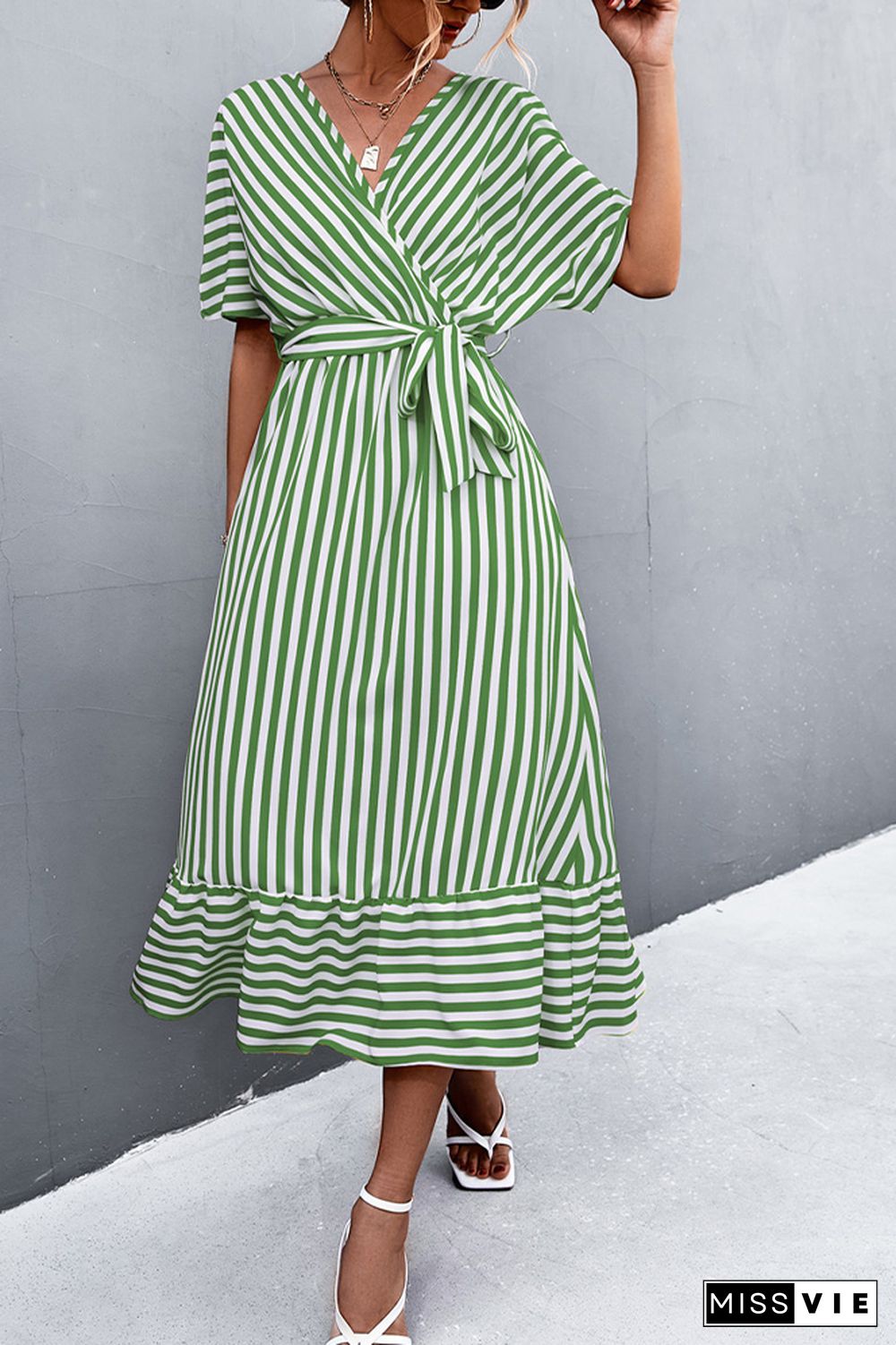 Stripe Print V-neck Short Sleeve Tie Waist Long Dress Wholesale