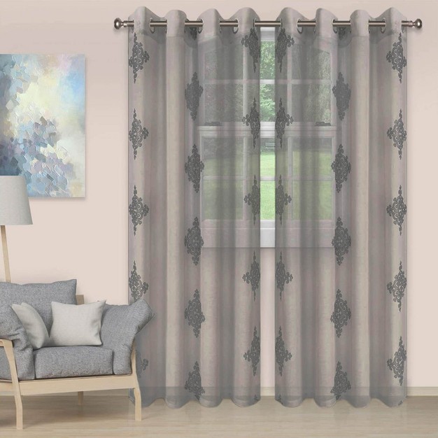 Damask Semi sheer 2 piece Curtain Panel Set With Stainless Grommet Header Blue Nile Mills