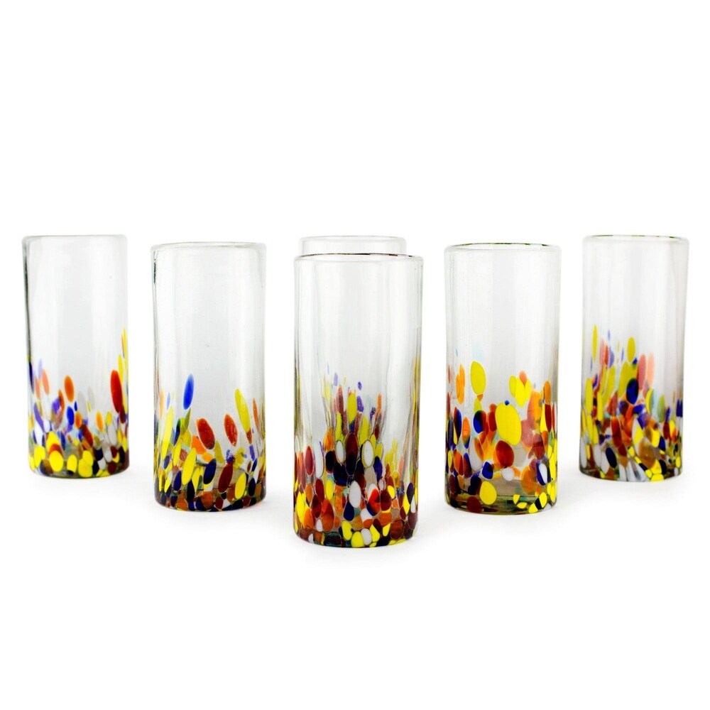 NOVICA Artisan Handblown Recycled Highball Glasses Colorful Multicolor Mexico Tableware Drinkware 'Confetti'(Set Of 6)