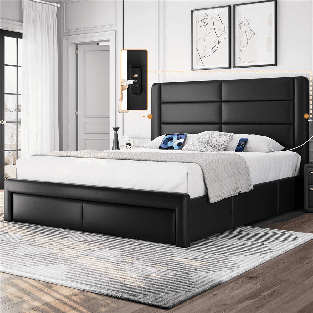 Yaheetech Upholstered Queen Bed with 3 Storage Drawers and Built-In USB Ports/Leather,Black