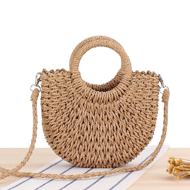 Women's Handbag Crossbody Bag Straw Bag Straw Holiday Beach Large Capacity Breathable Solid Color Folk off white khaki