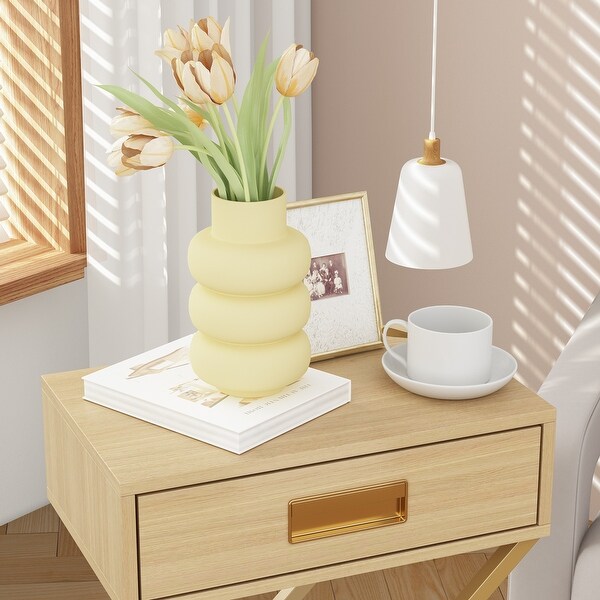 Contemporary Yellow Wood Side Table with Drawer and Wooden XLegs