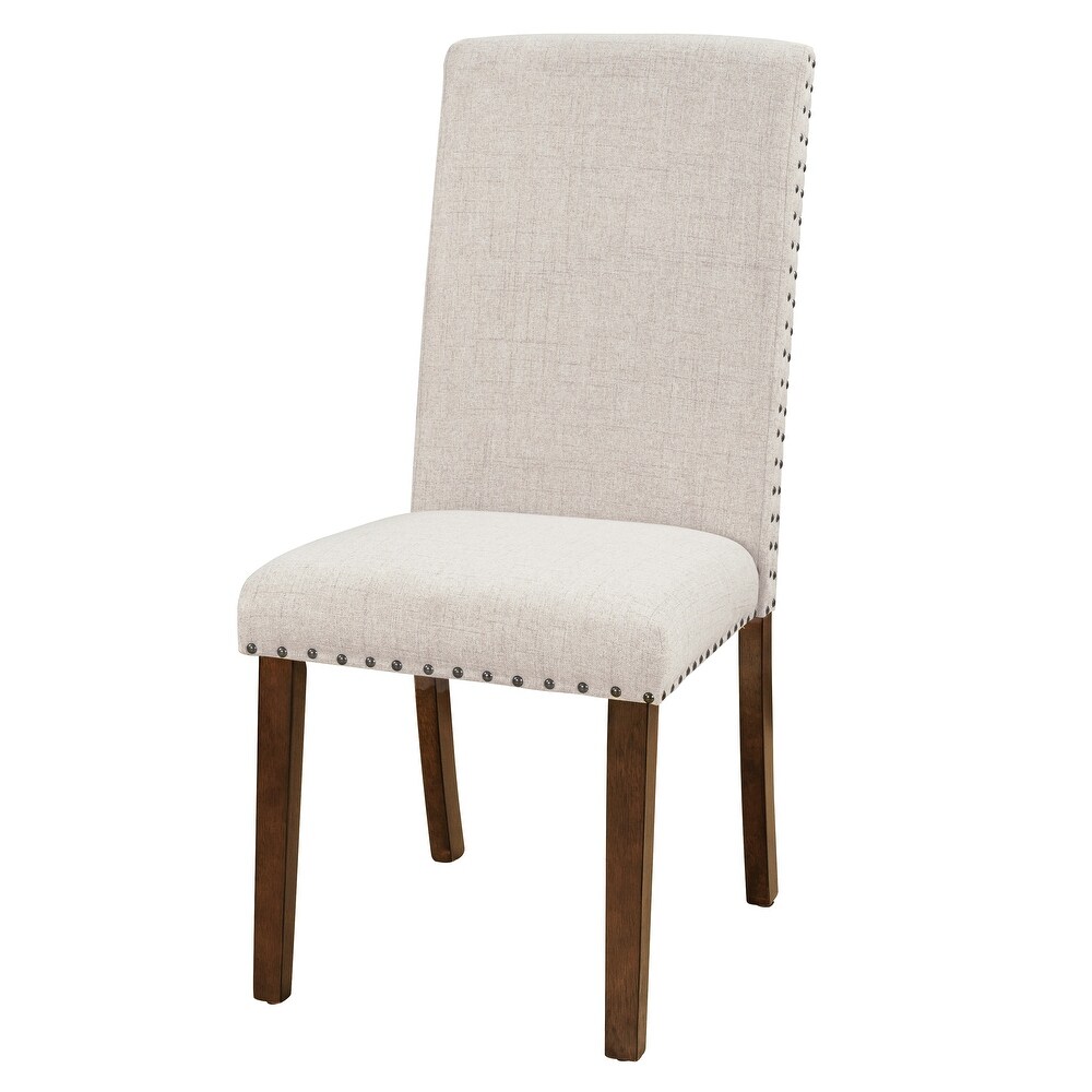 Linen Upholstered Seat Set of 2 Dining Chairs Fabric High back Chairs with Copper Nails   Wooden Legs Perfect for Restaurant