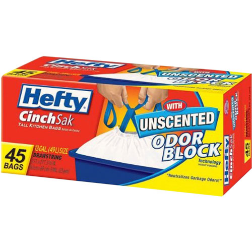 Reynolds Hefty Cinch Sak Tall Kitchen and Trash Bags | .9 mil， 13gal， White， 45