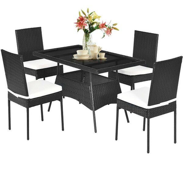 Costway 5PCS Patio Rattan Dining Set Cushioned Chair Table w/Glass Top