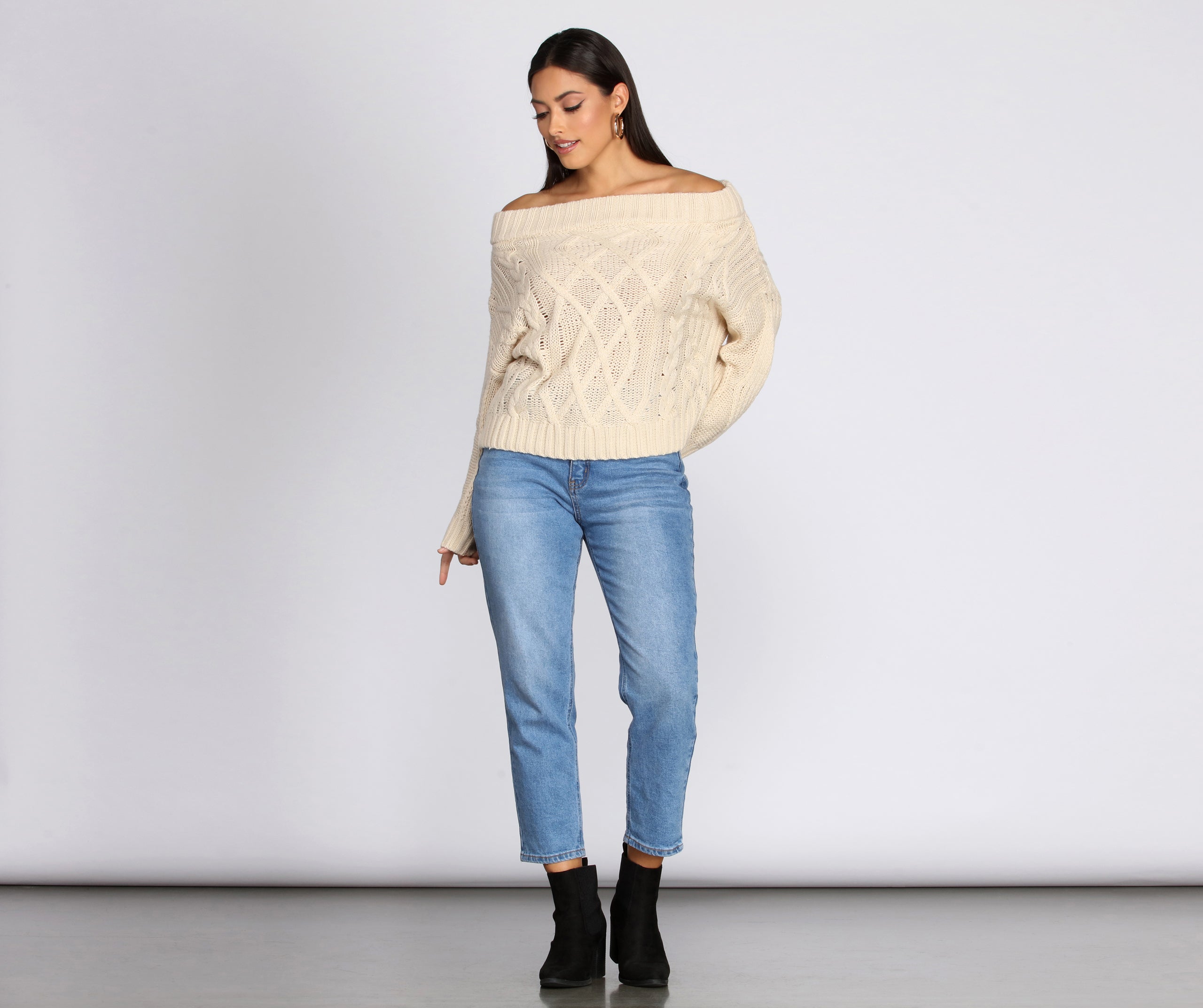 Cable Knit Off Shoulder Sweater