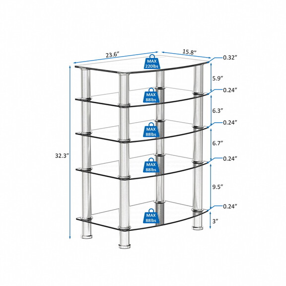 5 Tier Tempered Glass Side Table Stainless Steel F...