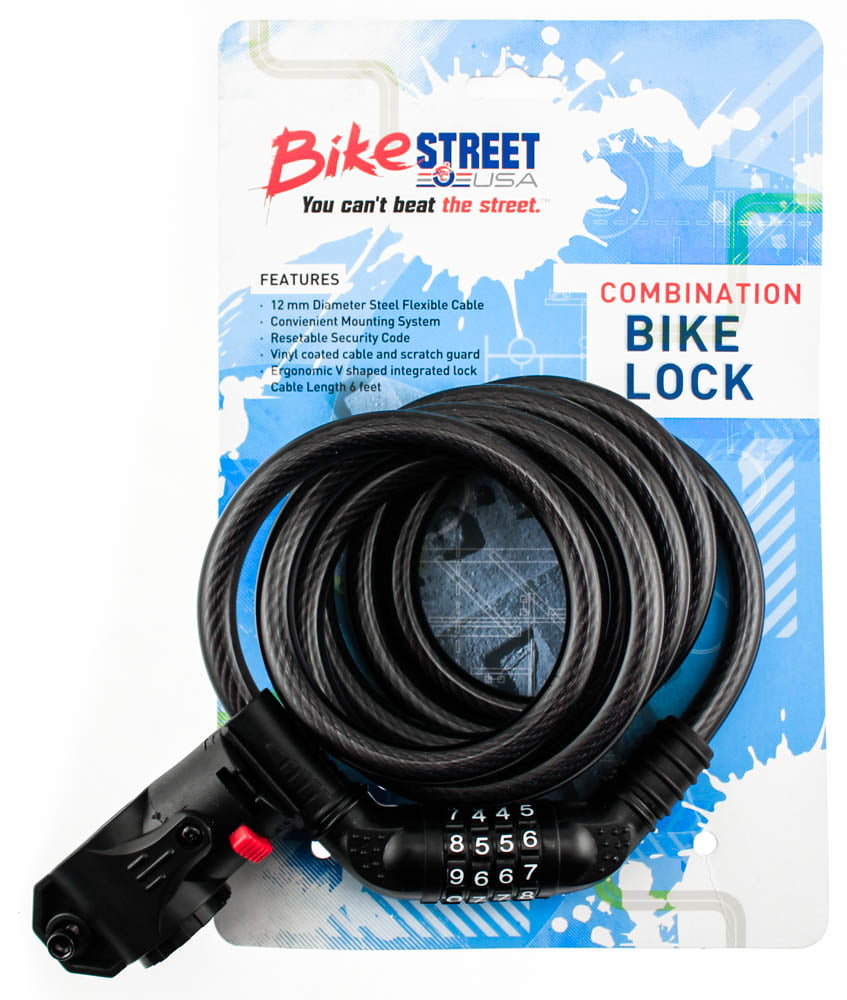 BIKE STREET Combination Bike Lock Cable 12mm x 6' Combo Flexible W/ Mounting NEW