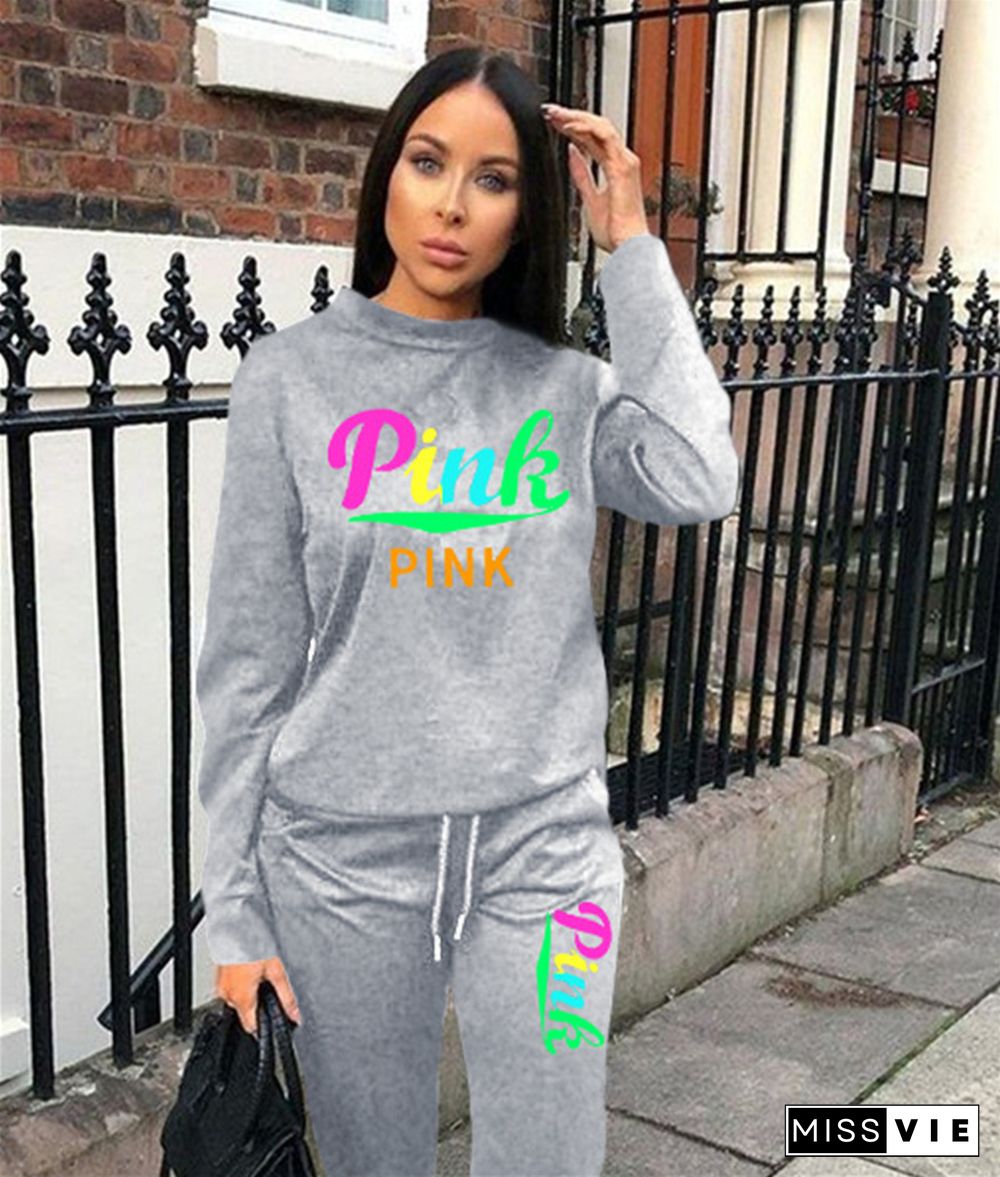 PINK Letter Print Sweatshirt Jogger Pants Two Piece Sets