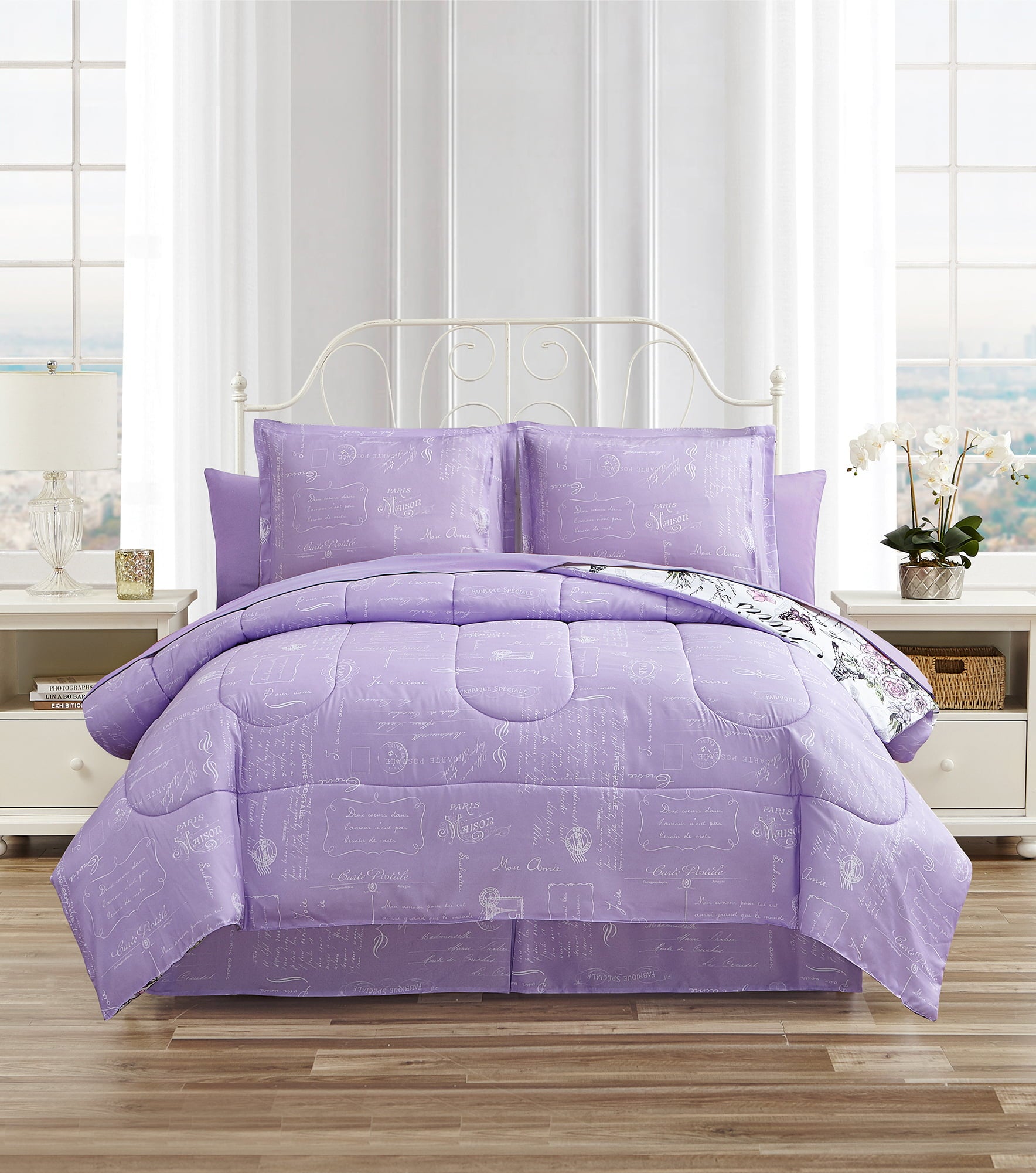 CEDAR COURT Paris Floral Lilac Ultra Soft Microfiber 6 Piece Reversible Comforter Bedding Set - Twin