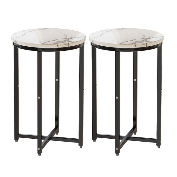 2pcs Round End Side Table with Faux Marble Top and Metal Frame