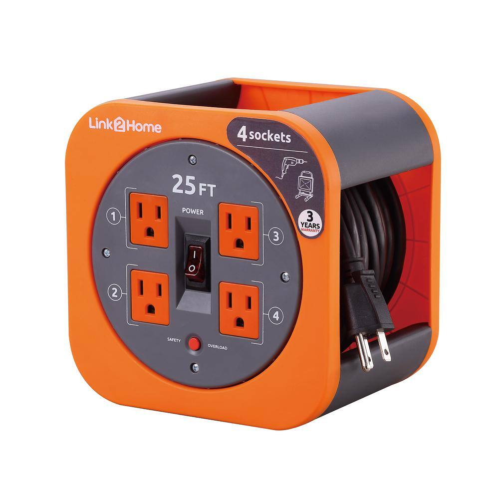 Link2Home 25 ft. 163 Extension Cord Storage Reel with 4 Grounded Outlets and Overload Reset Button EM-EL-250E