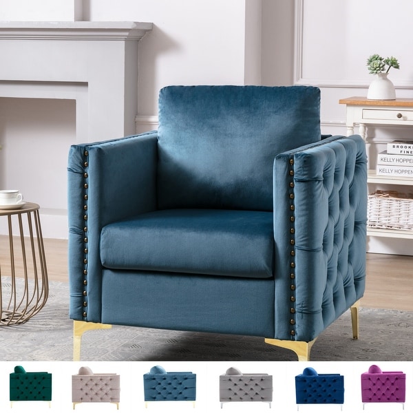 Velvet Armchair Tufted Button Accent Chair Club Chair with Steel Legs