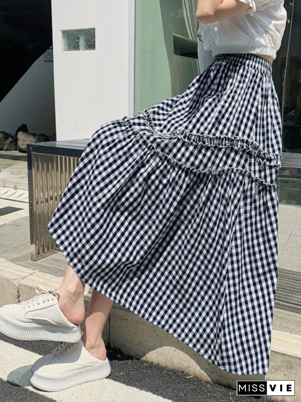 Cotton Linen Plaid Skirt Women Summer Korean Fashion High Waist Mid-length Skrits Female Retro A-line Faldas Mujer