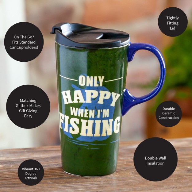 Evergreen Beautiful Only Happy When I x27 m Fishing Ceramic Travel Cup With Lid 5 X 4 X 7 Inches