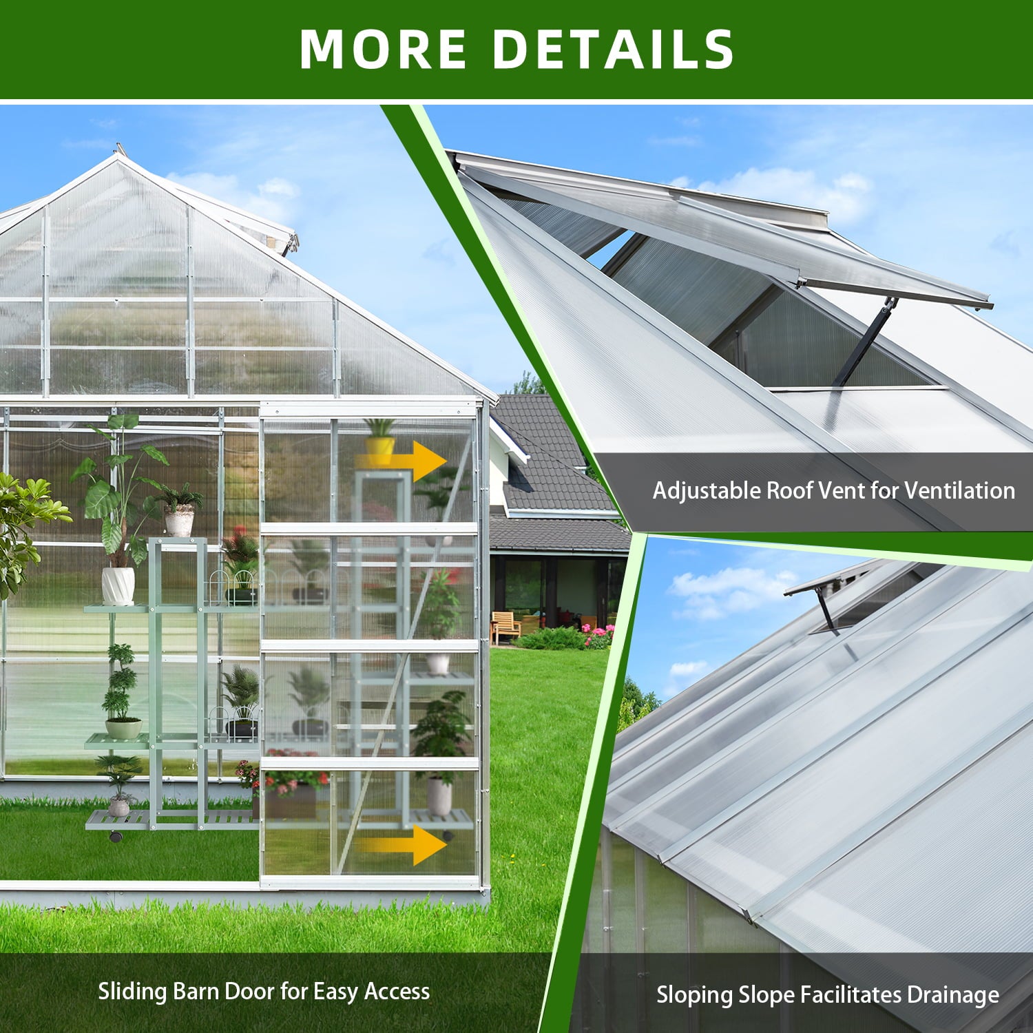 Mellcom 10' x 16' Walk-in Hobby Greenhouse, Outdoor Sliver Aluminum Frame Polycarbonate Green House with Adjustable Roof Vent