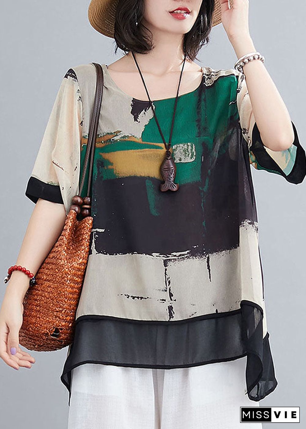 Boho Green Asymmetrical Design Print Chiffon Tank Tops Short Sleeve