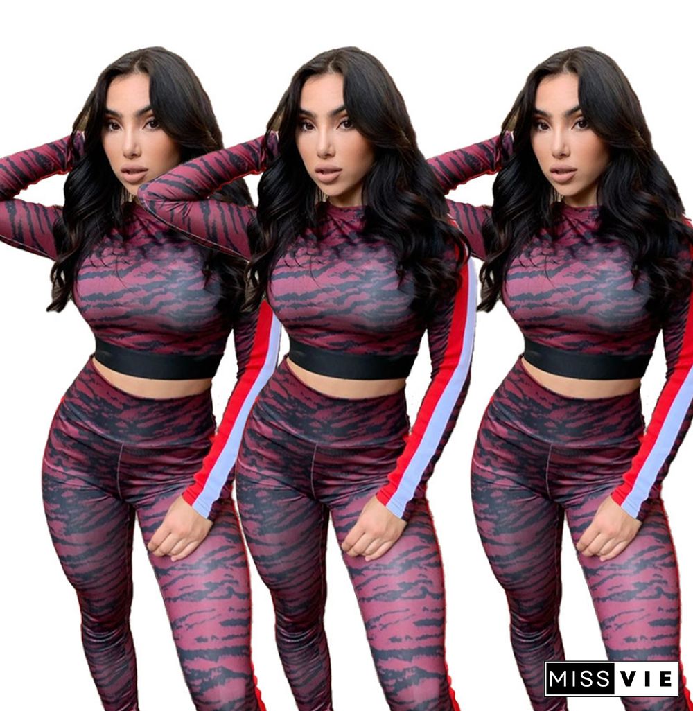 Colour Printed Stripe Long Sleeve Crop Top Sweatpants Suit