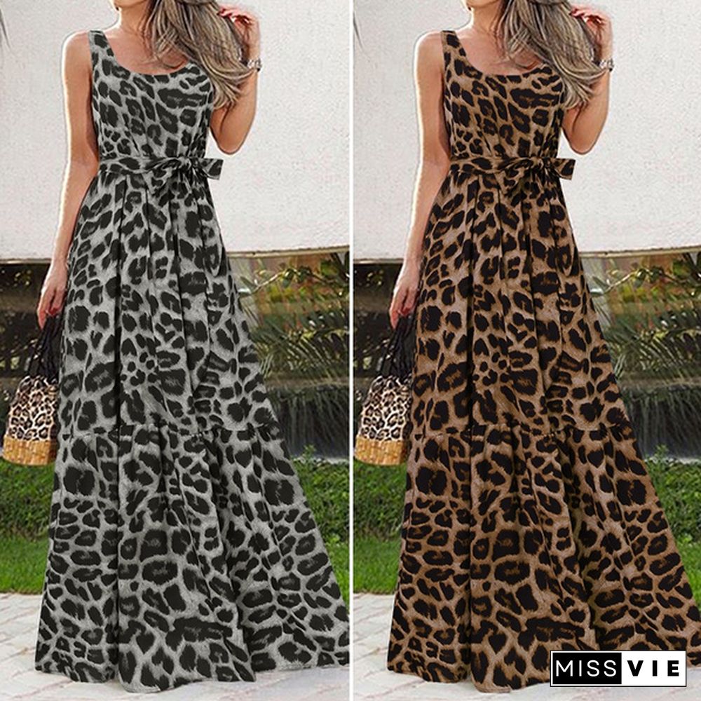 Women Summer Leopard Print Sleeveless Swing Long Dress Casual Fashion Loose Holiday A-Line Dress Plus Size Vestidos