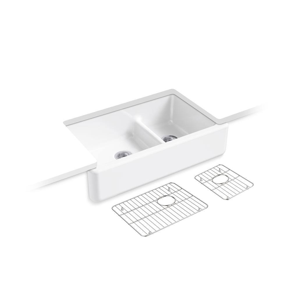 KOHLER Whitehaven SmartDivide Undermount Farmhouse Tall Apron Front 36 in. Double Bowl Kitchen Sink White with Basin Racks K-6427-0-5828-ST-5874-ST