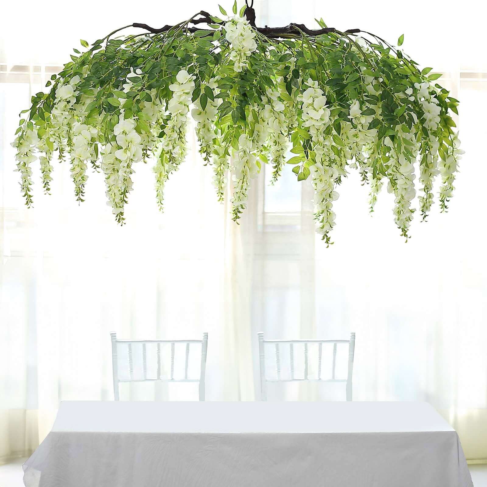 Cream Artificial Silk Wisteria Vine Round Hanging Canopy, Draping Garland Flower Chandelier With Interchangeable Branches 55