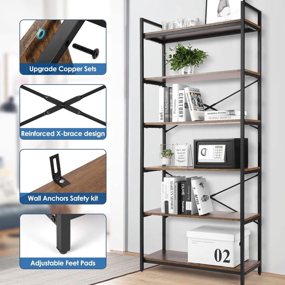 Bookshelf  Industrial Book Shelf Large Storage Shelves  Display Shelf Tall Bookcase Metal Bookshelves  6 Tier Bookcases