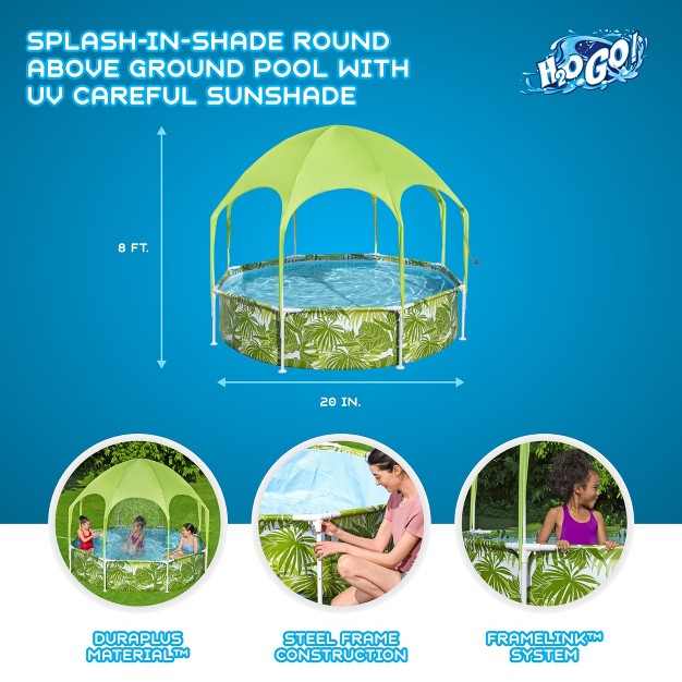 H2ogo Kids Splash in shade 8 foot Round Steel Frame Above Ground Pool With Water Mister And Canopy Sunshade Green Tropical Leaf Print