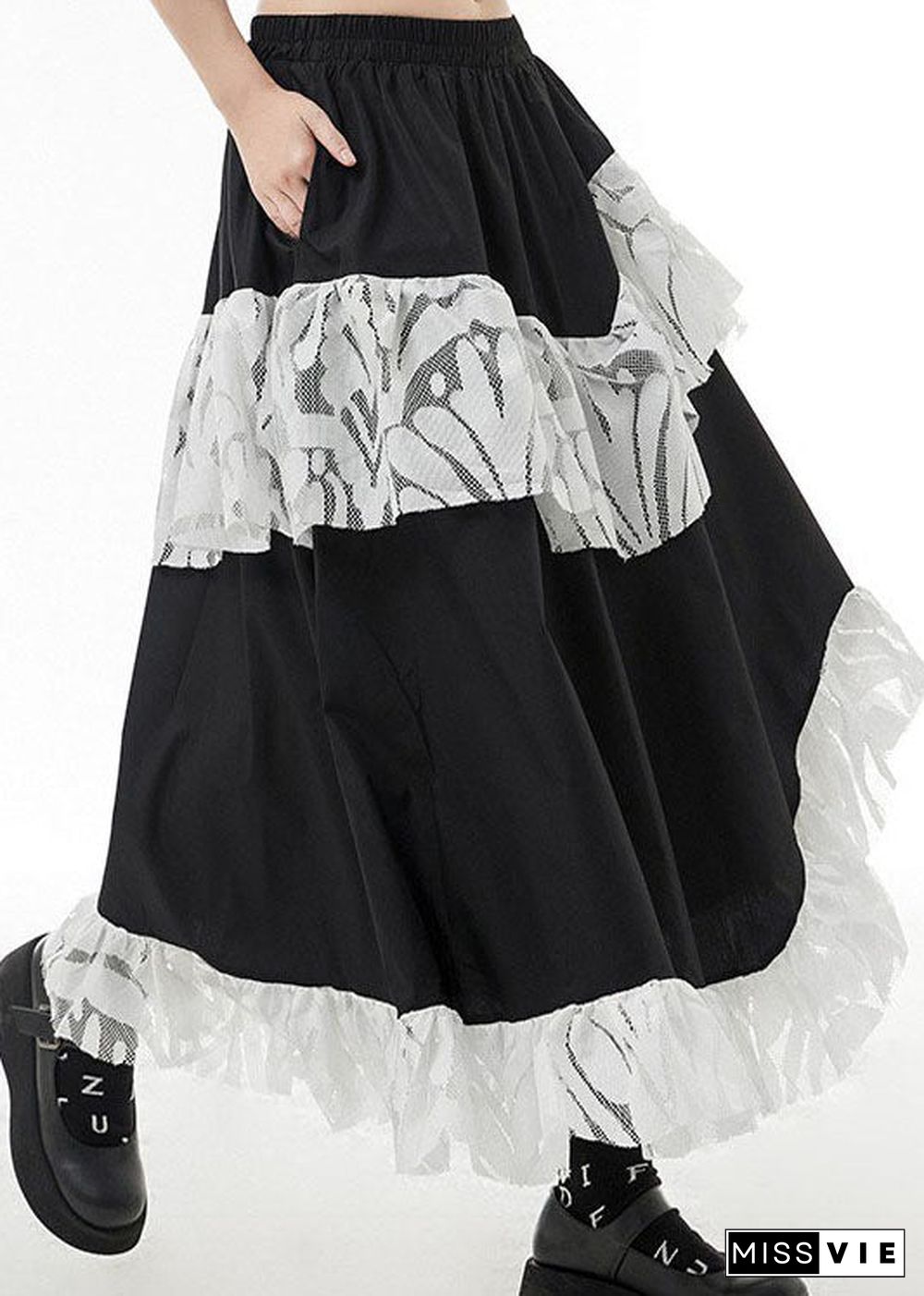 Fashion Black elastic waist Lace Patchwork Skirts Spring