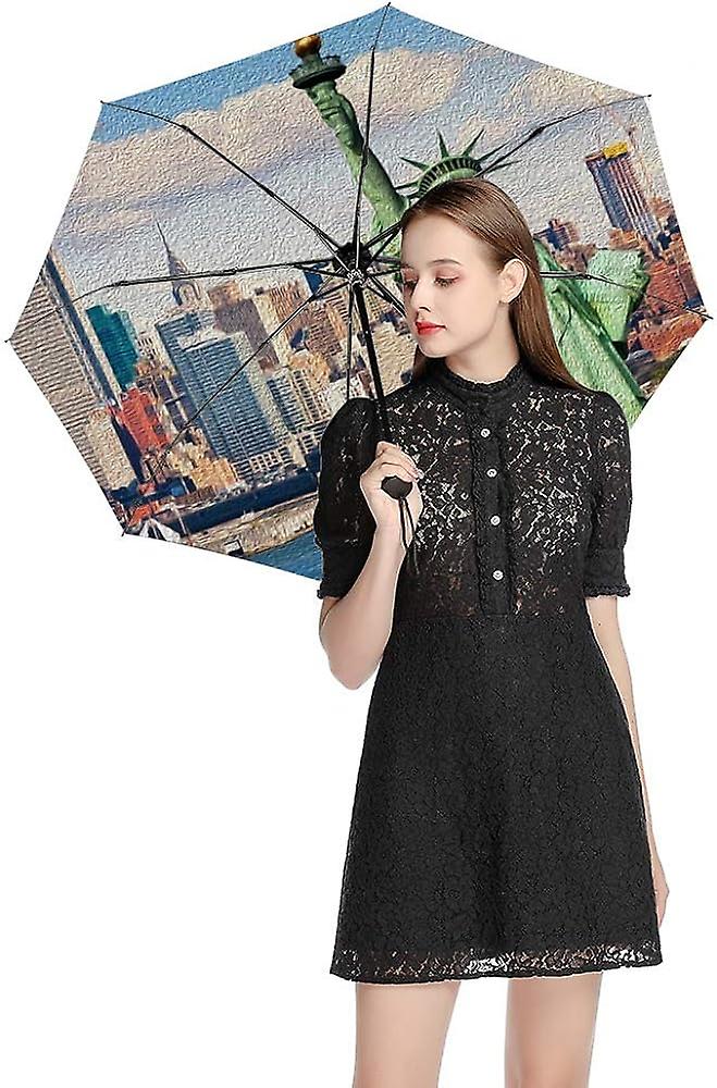 Colourlife Travel Umbrella New York City Skyline Oil Painting Automatic Windproof Foldable Umbrella For Sun and Rain