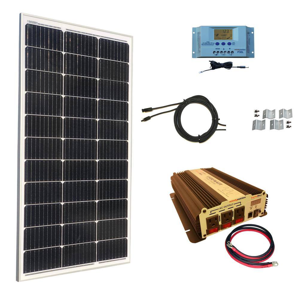 WindyNation 100-Watt Monocrystalline Solar Panel Kit with 30 Amp Solar Charge Controller Plus 1500-Watt Power Inverter MSPK-100W-15