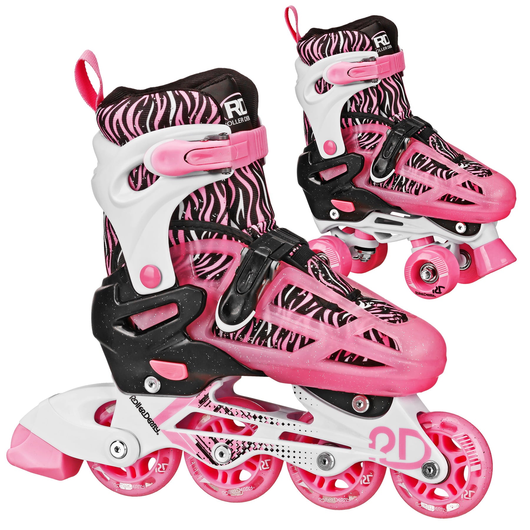 Roller Derby 2n1 Adjustable Roller/Inline Skates Pink Zebra, Medium (3-6)