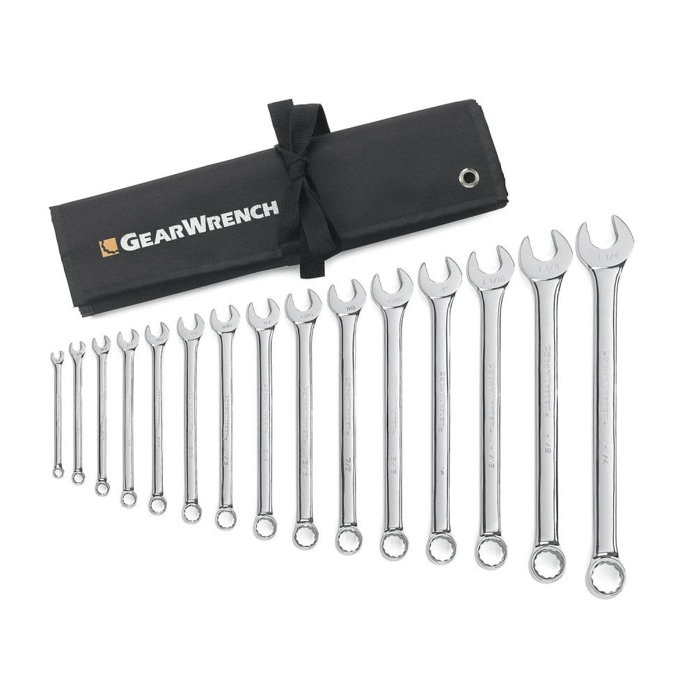 15 Piece 12 Point Long Pattern Combination Wrench Set with Tool Roll, SAE