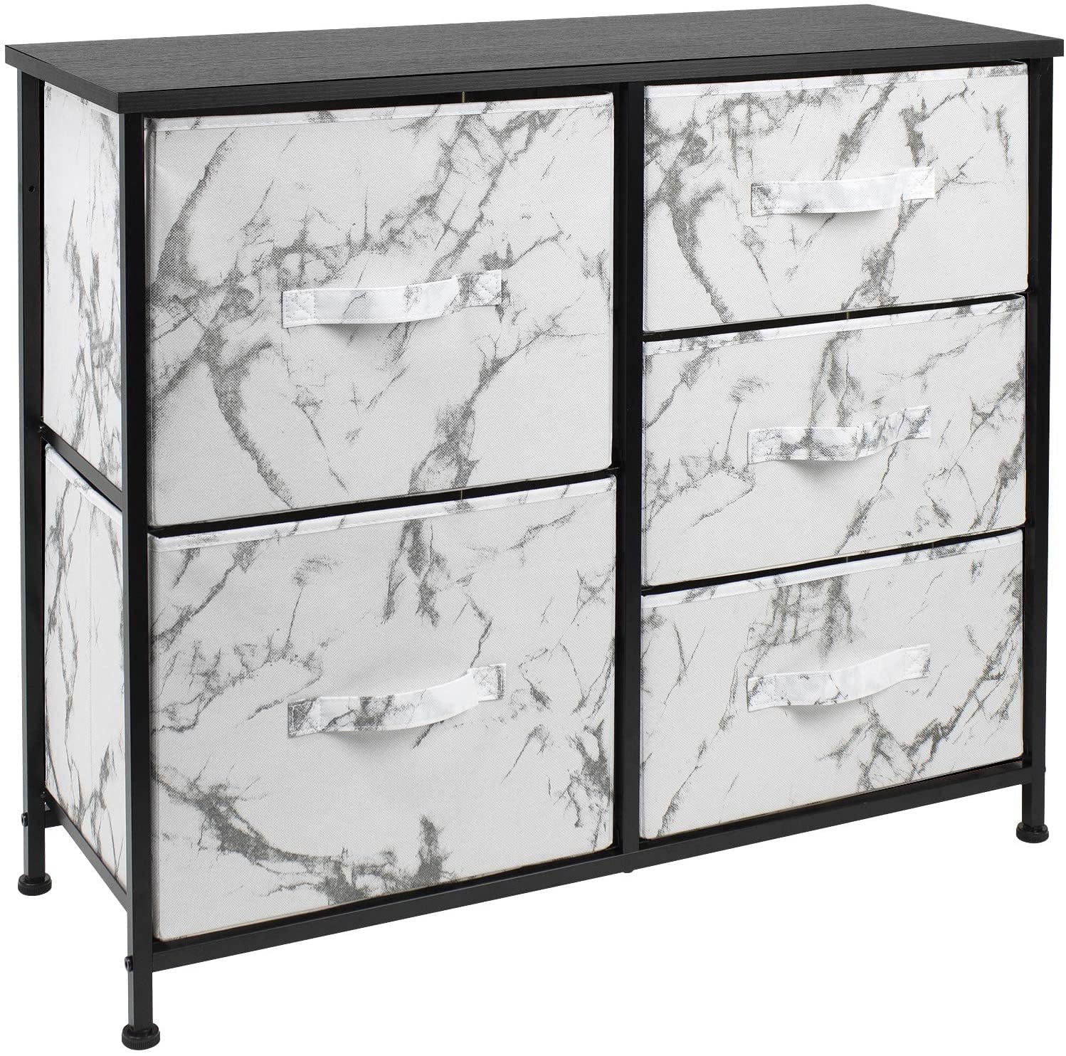 Sorbus Dresser with 5 Drawers- Black Frame, White Marble Drawers