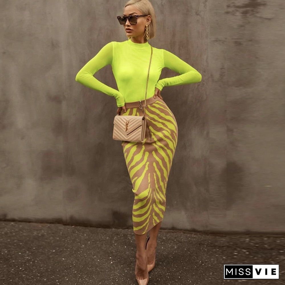 New Arrival Fashion Long Bandage Skirt Women Lime Zebra Print Bodycon Bandage Skirt Midi Club Party Skirt