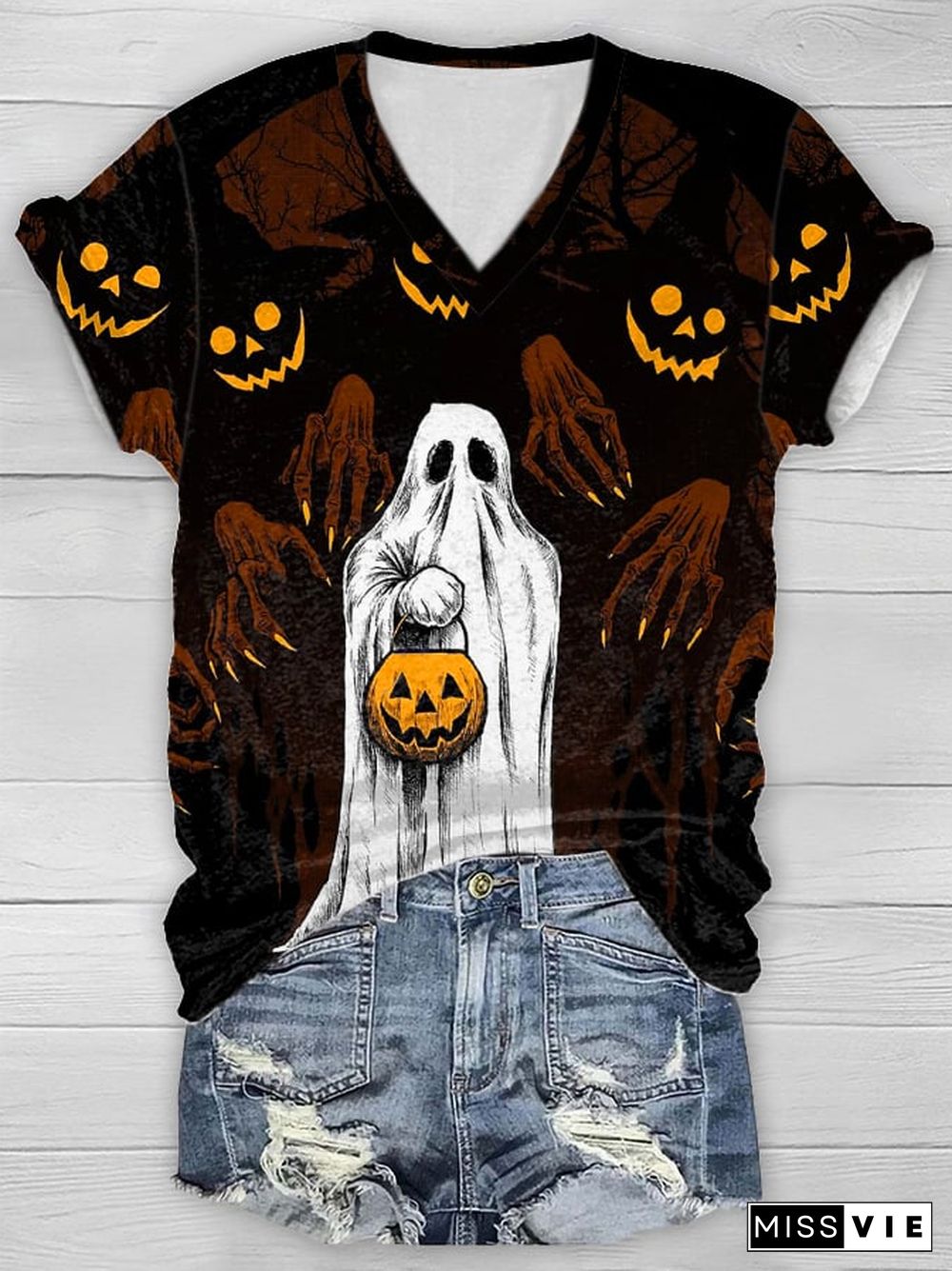 Women's Casual Ghost Art Print Short Sleeve T-Shirt