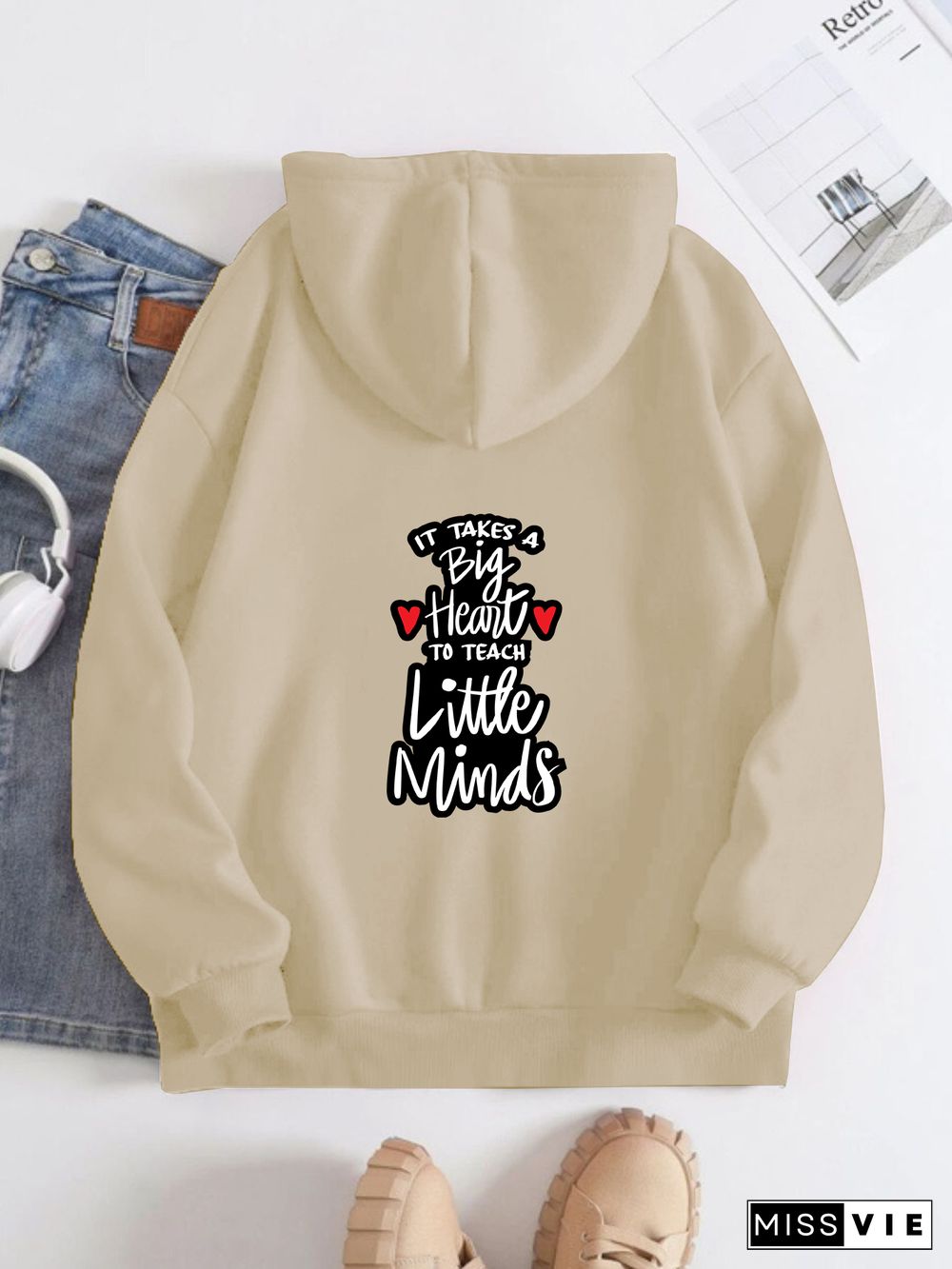 Printed on the Back Kangaroo Pocket Hoodie Long Sleeve for Women Pattern Big heart to teach