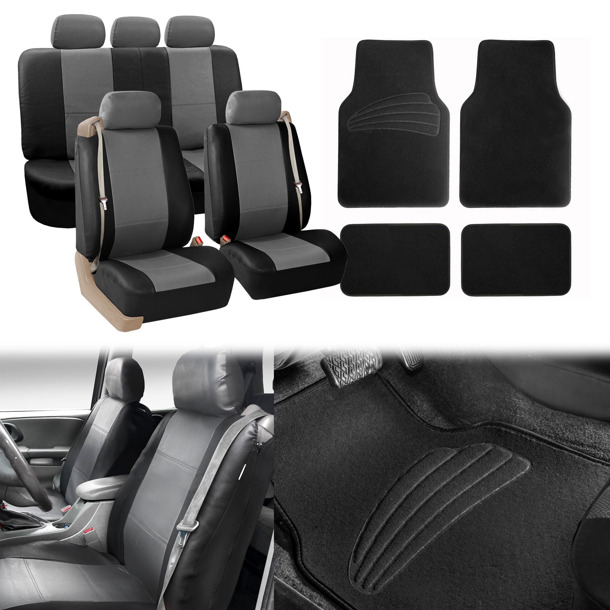 FH Group PU Leather Integrated Seatbelt Seat Covers， Full Set with Black Carpet Floor Mats， Black Gray