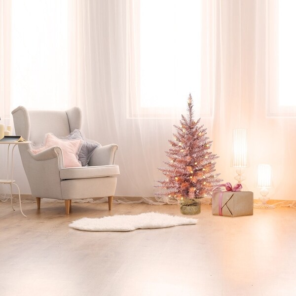 Fraser Hill Farm 3ft. Festive Tinsel Christmas Tree with Burlap Bag and Warm White LED Lights，Blush