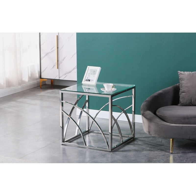 Silver glass side table，Glass End Table，Coffee Table Sofa Table