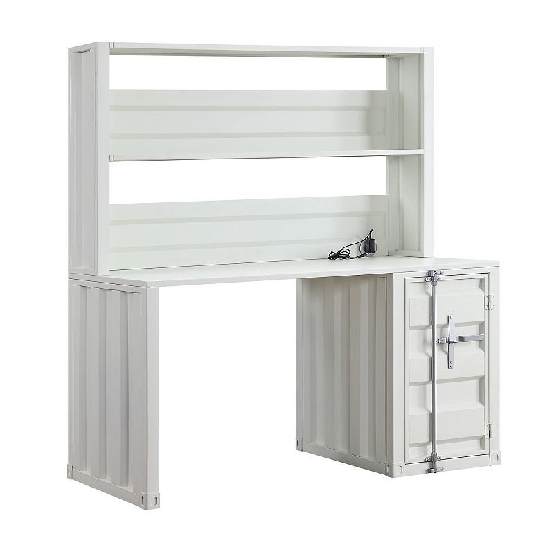 Metal Base Desk and Hutch with Slated Pattern and Storage Compartment， White