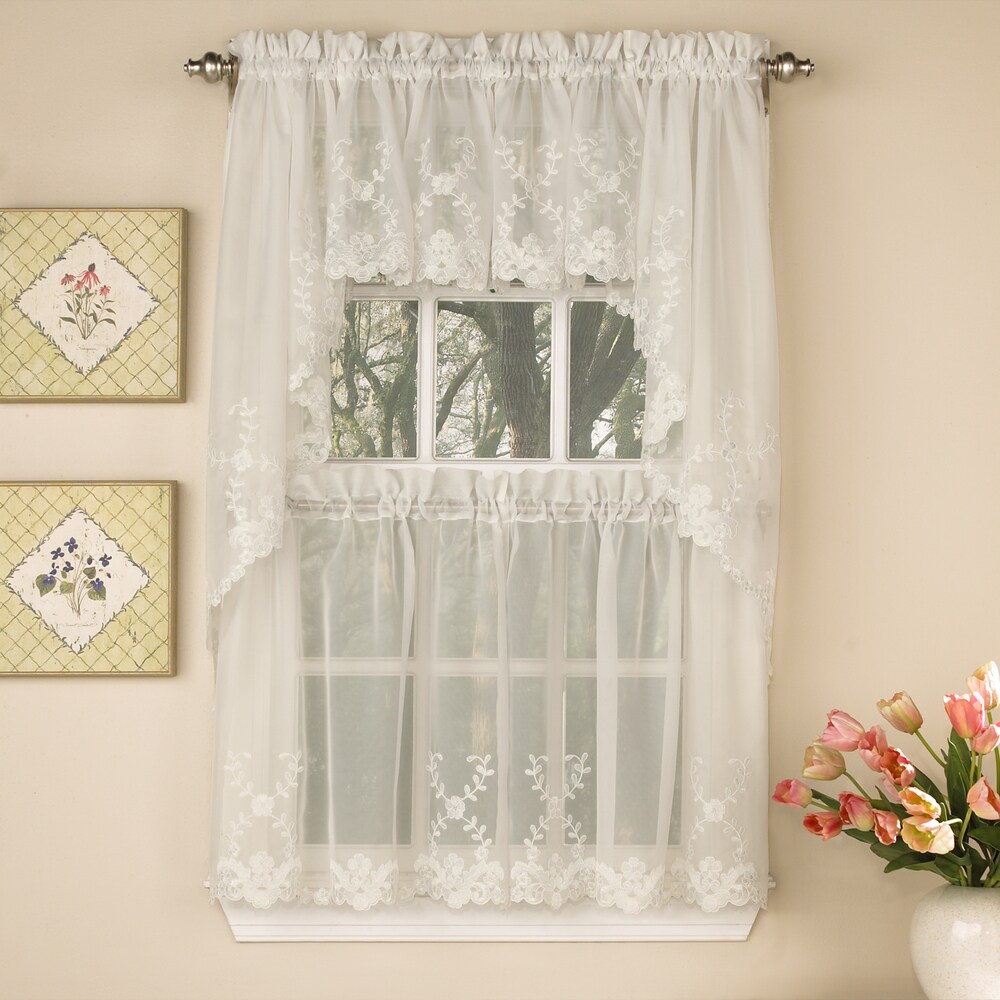 Sheer Voile Embroidered Scrolling Floral Leaf Pattern Window Curtain Pieces   Tiers  Valance and Swag Pair Options