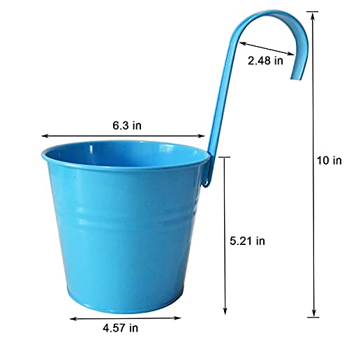 LINSHRY 8 Pack Hanging Flower Pots, 6.3 Inches Large Metal Bucket Plants Holder Balcony Planter with Detachable Hook, Gardening Tools, Ideal for Indoor/Outdoor Railing Fence Balcony Garden Patio Use