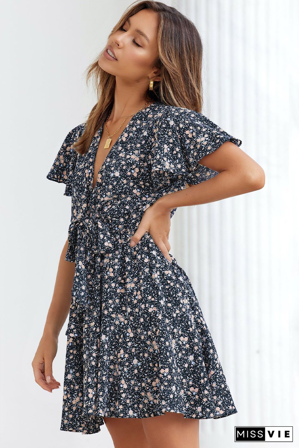 Blue Floral Print Tie Knot Ruffled Short Sleeve Mini Dress