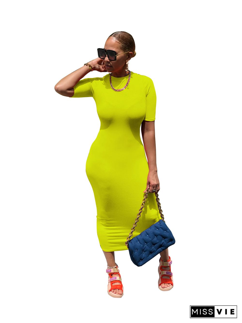 High Stretch Summer Elegant Solid Color Women Sexy O-Neck Short Sleeve Skinny Maxi Dress